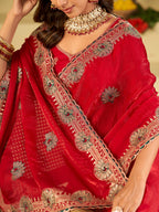 Rani Pink Designer Fendy Satin Saree with Heavy Embroidered Border | Elegant Festive Party Wear Saree with Floral Embroidery & Matching Blouse