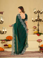 Bottle Green Fendy Satin Saree with White Floral Embroidery Border | Elegant Designer Party Wear Saree with Blouse