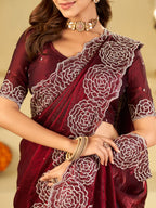Wine Fendy Satin Saree with White Floral Embroidery Border | Elegant Designer Party Wear Saree with Blouse