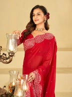 Ruby Red Fendy Satin Saree with White Floral Embroidery Border | Designer Party Wear Saree with Matching Blouse