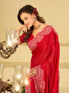 Ruby Red Fendy Satin Saree with White Floral Embroidery Border | Designer Party Wear Saree with Matching Blouse