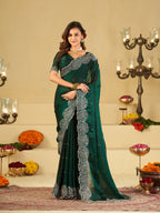 Bottle Green Fendy Satin Saree with White Floral Embroidery Border | Elegant Designer Party Wear Saree with Blouse