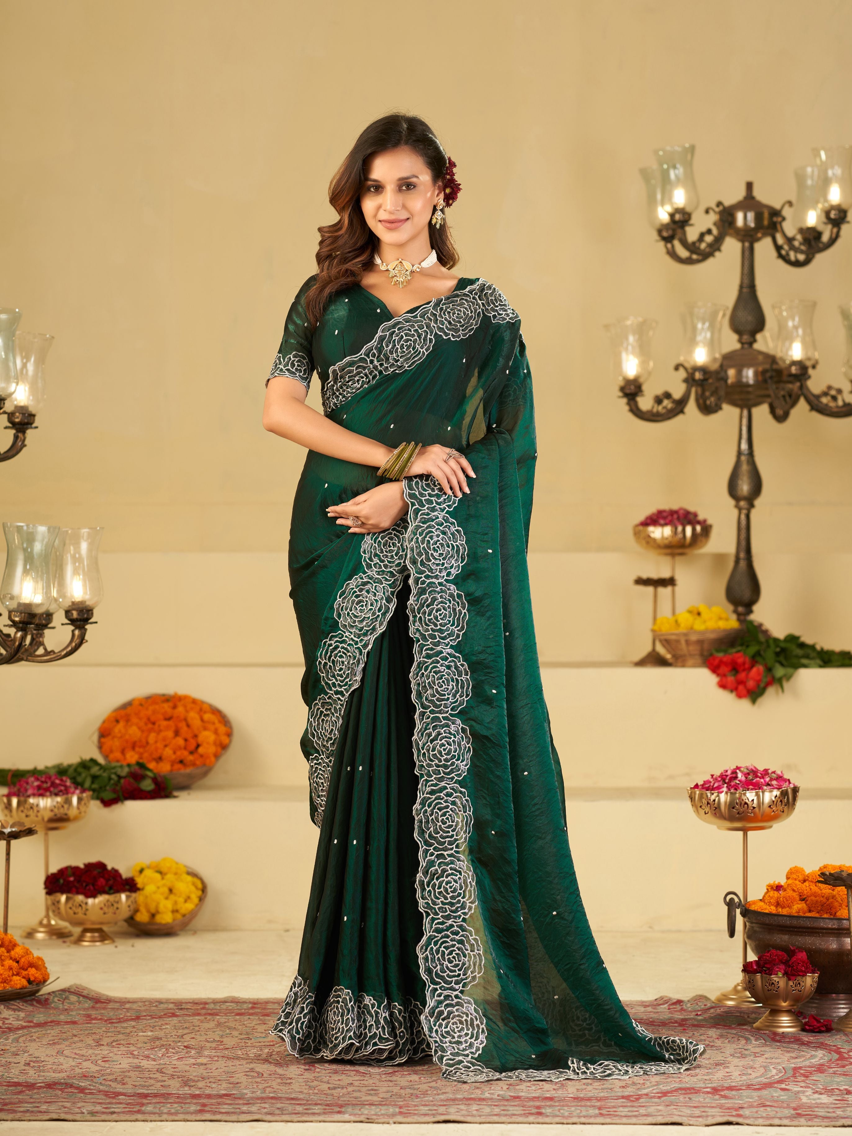 Bottle Green Fendy Satin Saree with White Floral Embroidery Border | Elegant Designer Party Wear Saree with Blouse