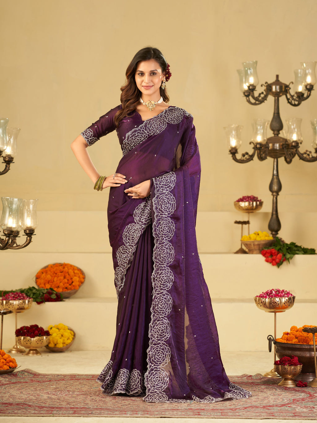 Royal Purple Fendy Satin Saree with White Floral Embroidery Border | Elegant Designer Party Wear Saree with Blouse