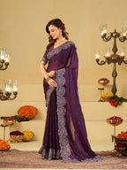 Royal Purple Fendy Satin Saree with White Floral Embroidery Border | Elegant Designer Party Wear Saree with Blouse