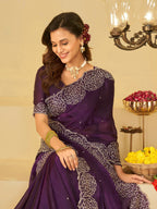 Royal Purple Fendy Satin Saree with White Floral Embroidery Border | Elegant Designer Party Wear Saree with Blouse