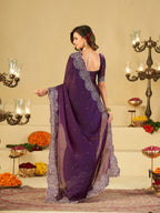 Royal Purple Fendy Satin Saree with White Floral Embroidery Border | Elegant Designer Party Wear Saree with Blouse