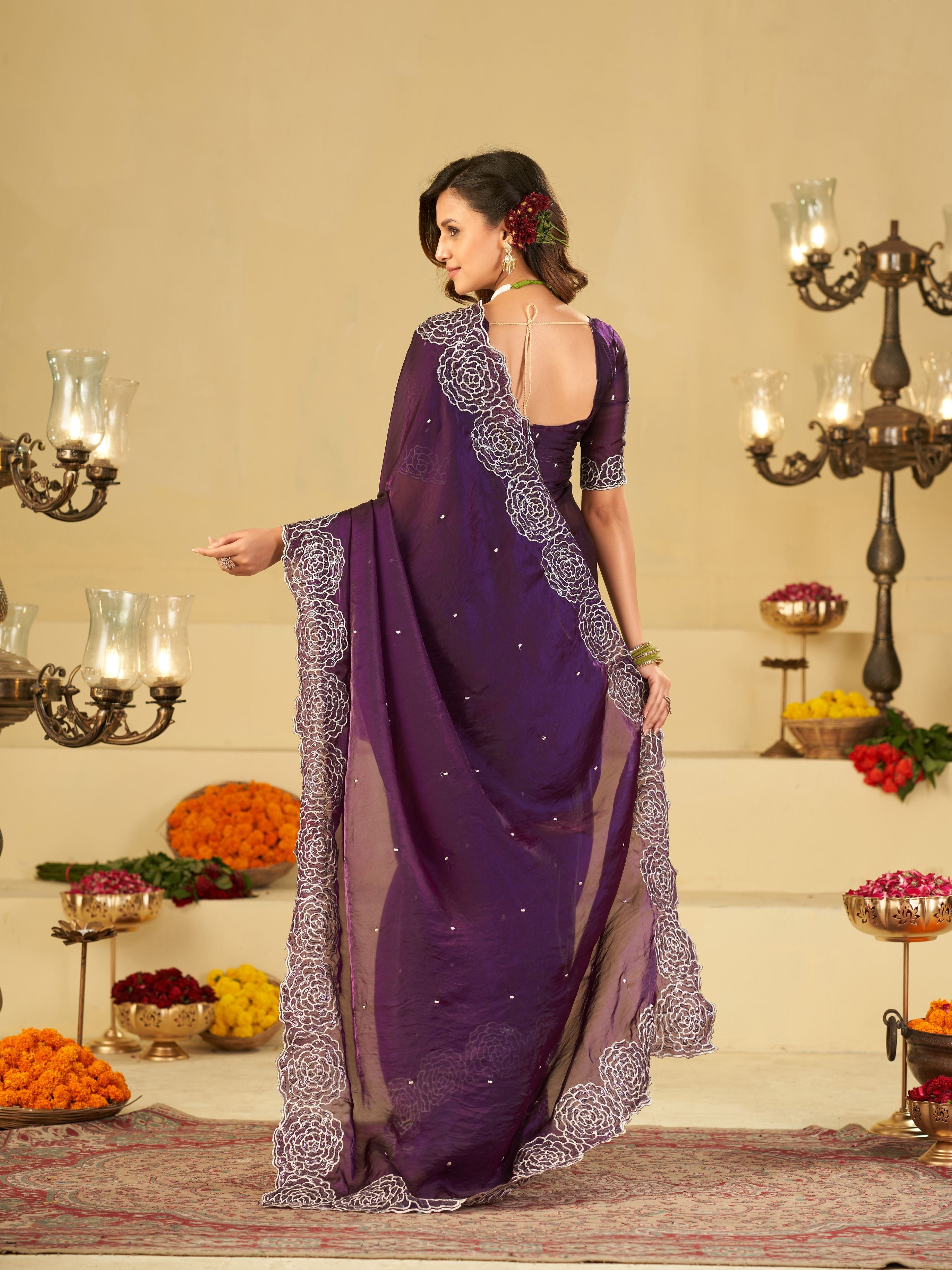 Royal Purple Fendy Satin Saree with White Floral Embroidery Border | Elegant Designer Party Wear Saree with Blouse