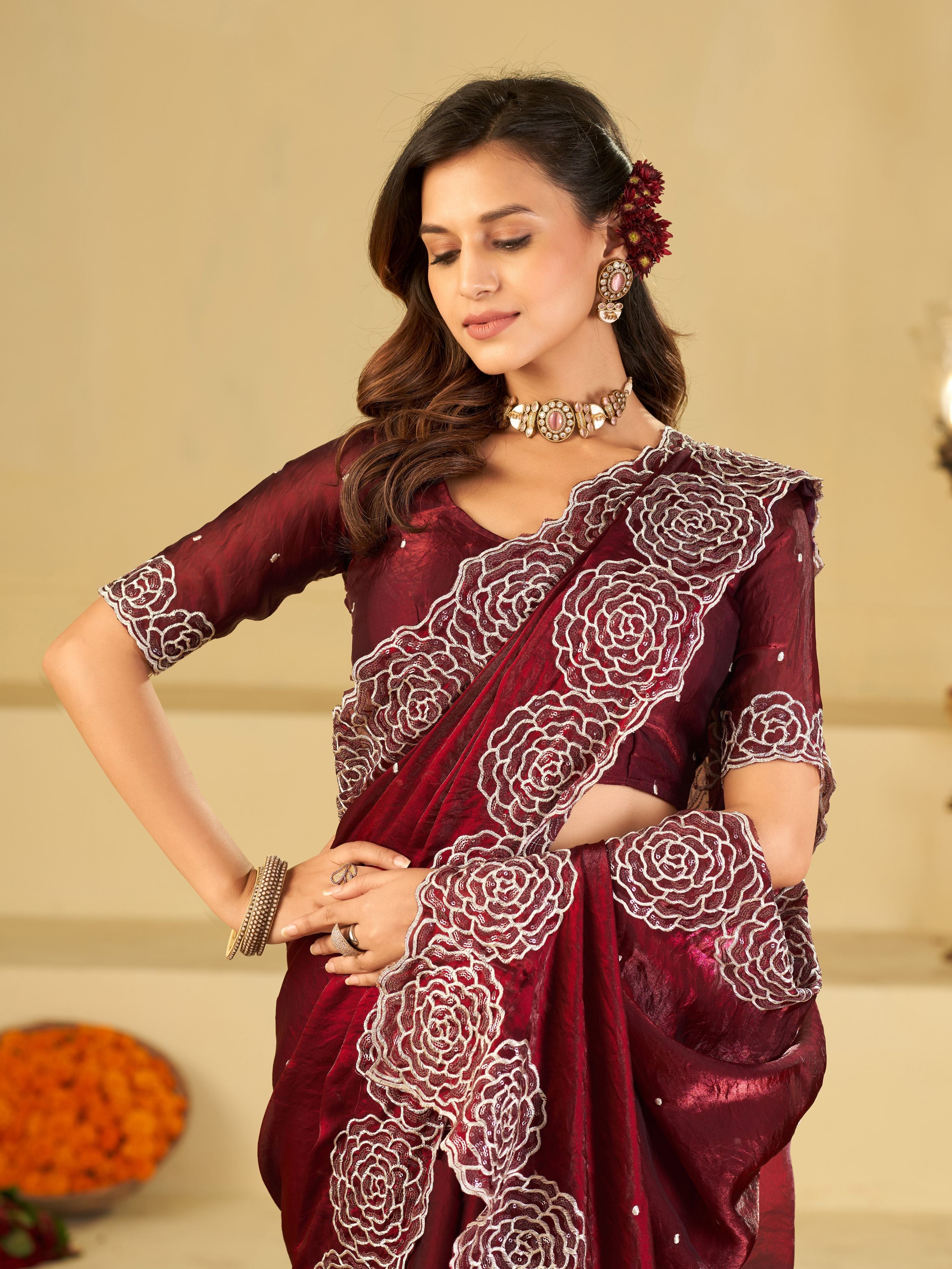 Wine Fendy Satin Saree with White Floral Embroidery Border | Elegant Designer Party Wear Saree with Blouse