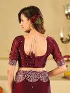 Wine Fendy Satin Saree with White Floral Embroidery Border | Elegant Designer Party Wear Saree with Blouse