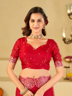 Ruby Red Fendy Satin Saree with White Floral Embroidery Border | Designer Party Wear Saree with Matching Blouse