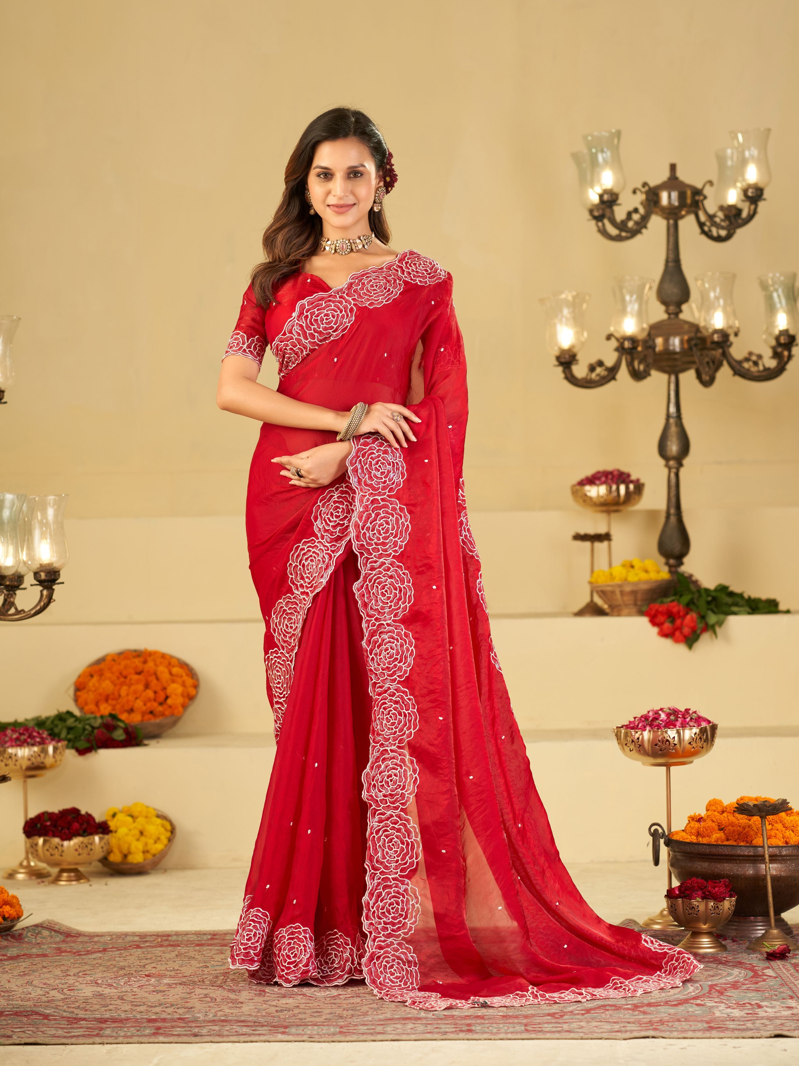 Ruby Red Fendy Satin Saree with White Floral Embroidery Border | Designer Party Wear Saree with Matching Blouse