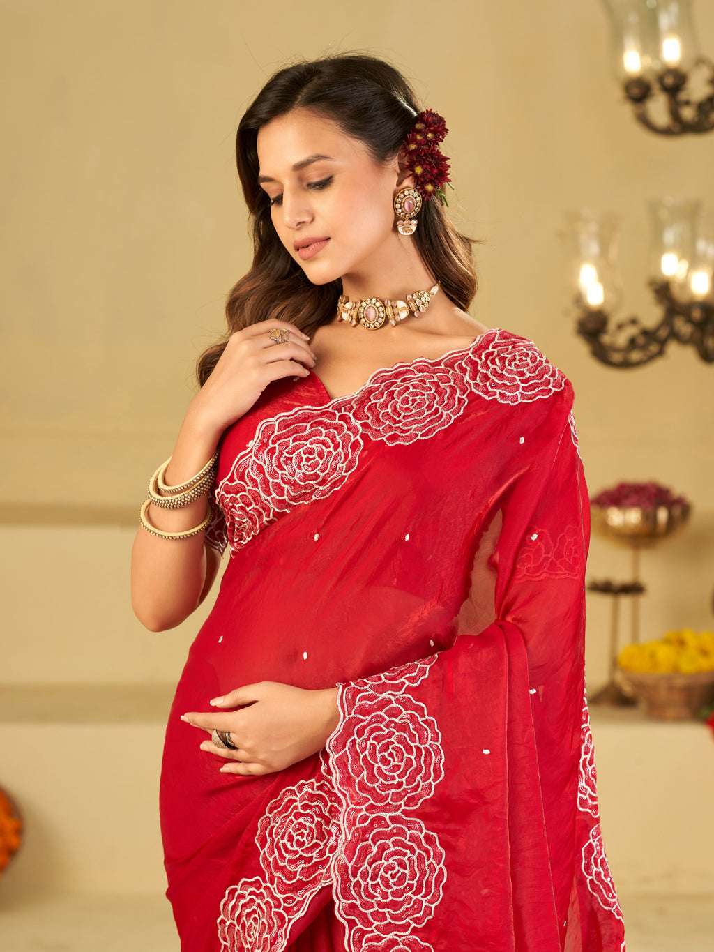 Ruby Red Fendy Satin Saree with White Floral Embroidery Border | Designer Party Wear Saree with Matching Blouse