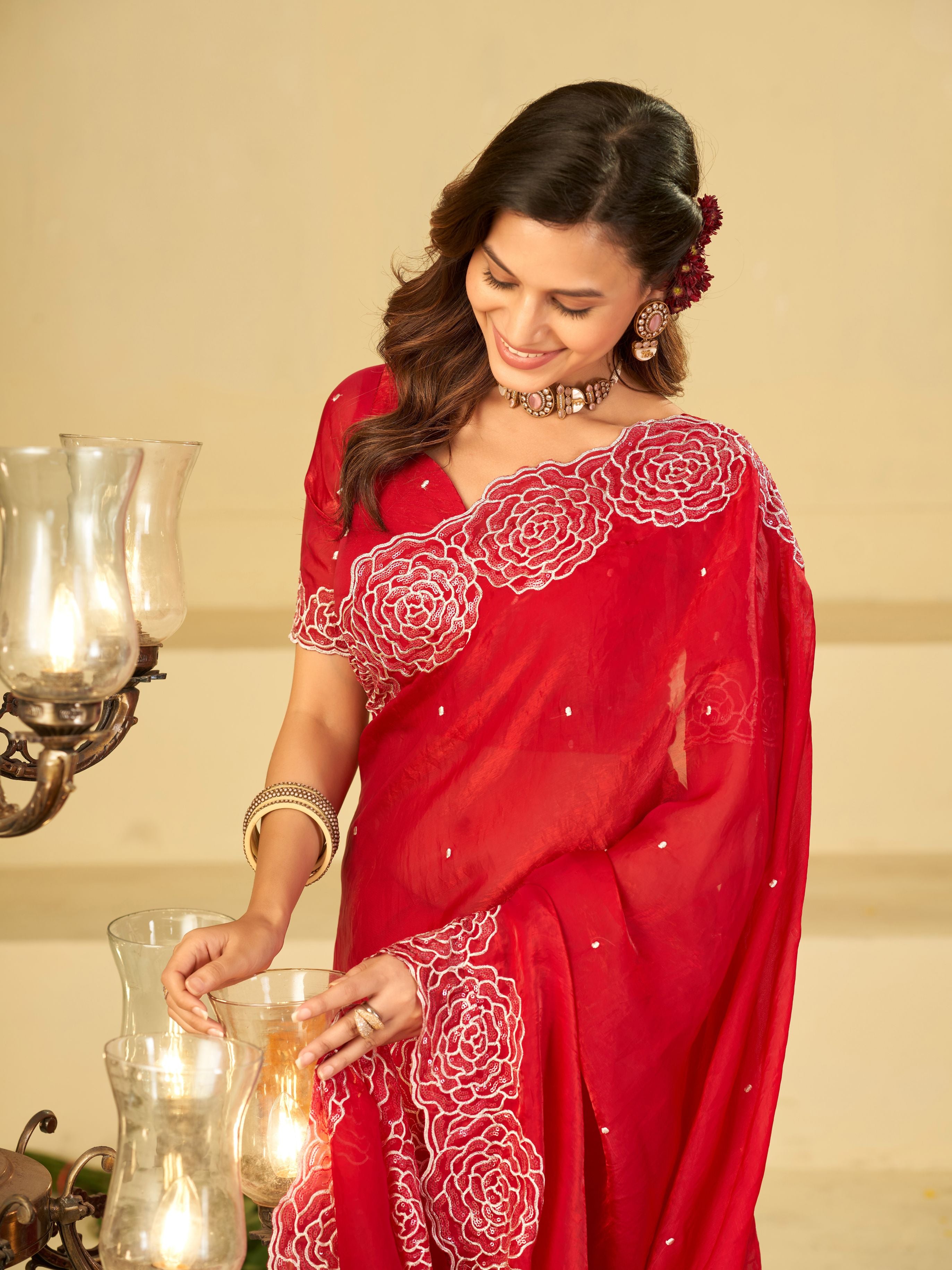 Ruby Red Fendy Satin Saree with White Floral Embroidery Border | Designer Party Wear Saree with Matching Blouse
