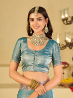 Sky Blue Designer Fendy Satin Saree with Heavy Embroidered Border | Elegant Festive Party Wear Saree with Intricate Embroidery & Matching Blouse