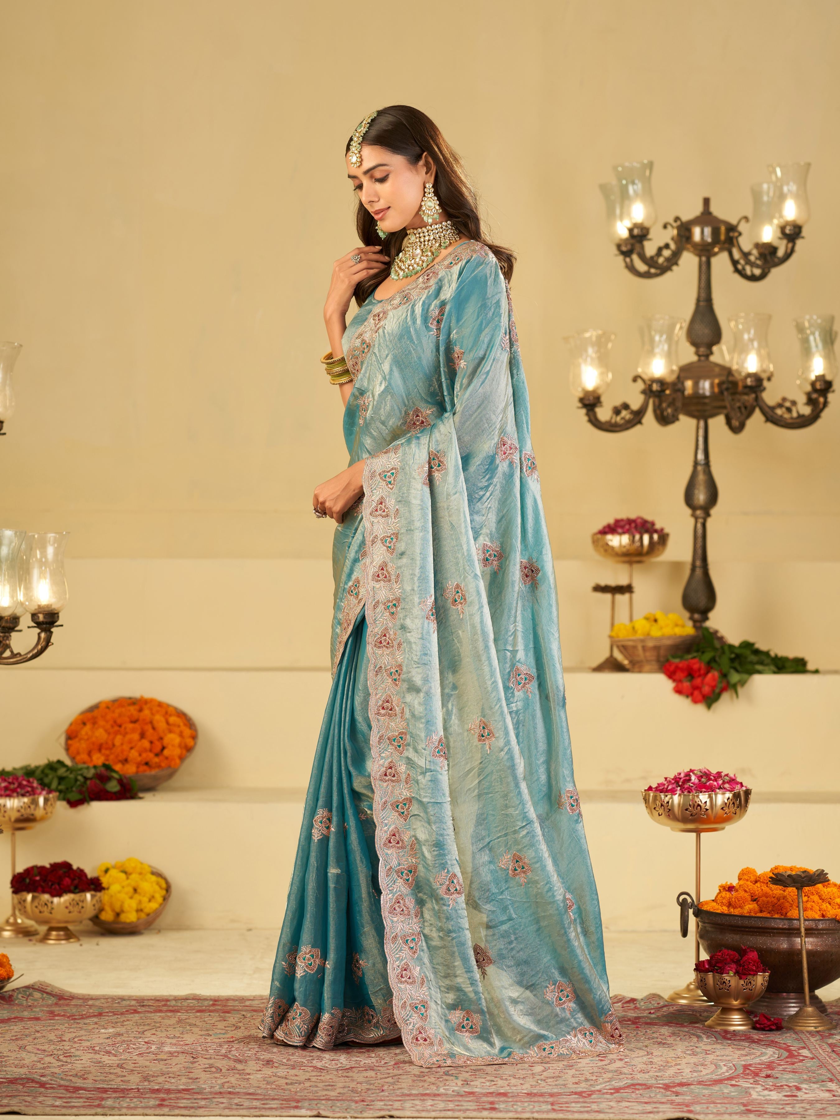 Sky Blue Designer Fendy Satin Saree with Heavy Embroidered Border | Elegant Festive Party Wear Saree with Intricate Embroidery & Matching Blouse