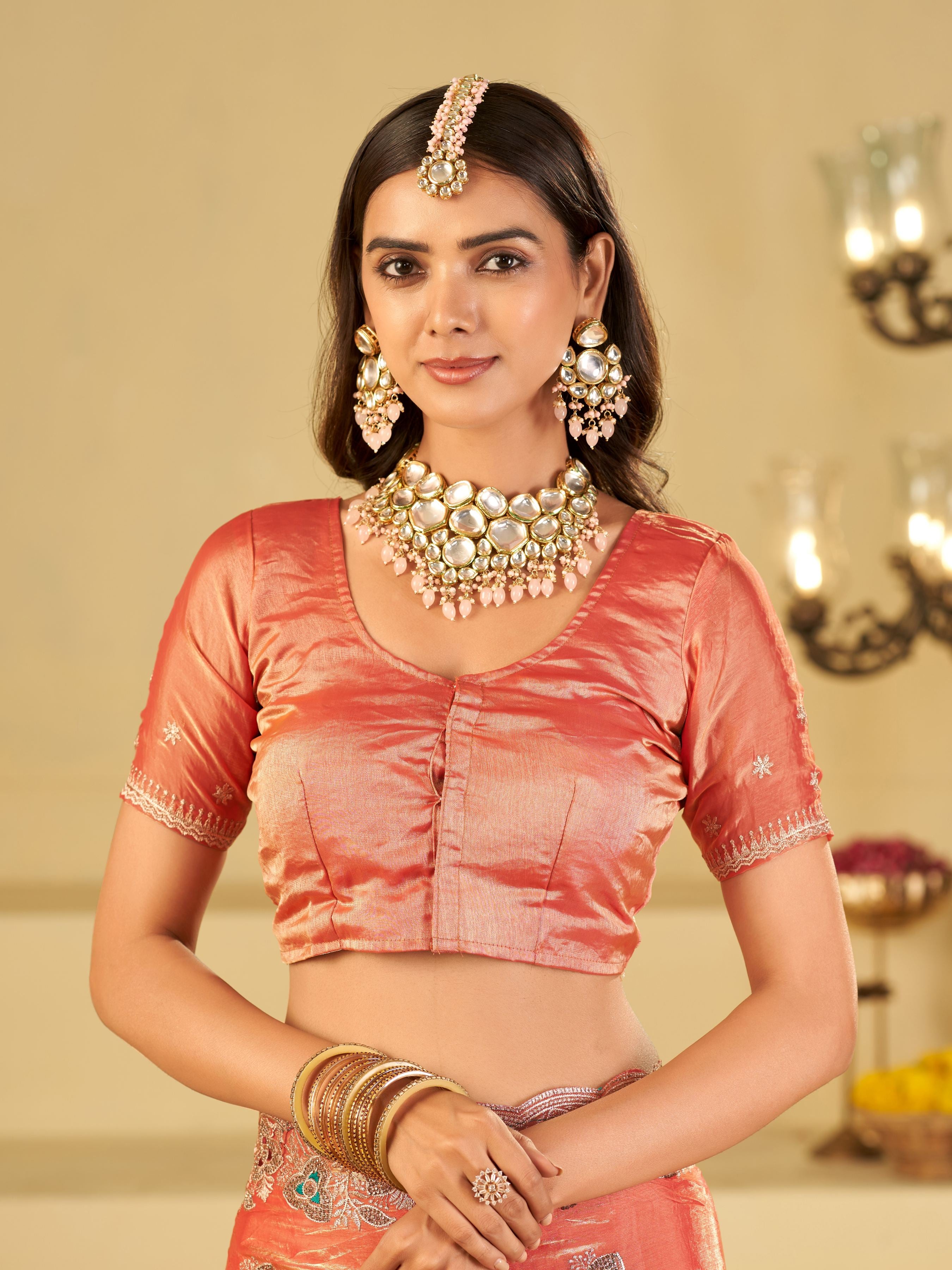 Peach Pink Designer Fendy Satin Saree with Heavy Embroidered Border | Elegant Party Wear Ethnic Saree with Intricate Embroidery & Matching Blouse