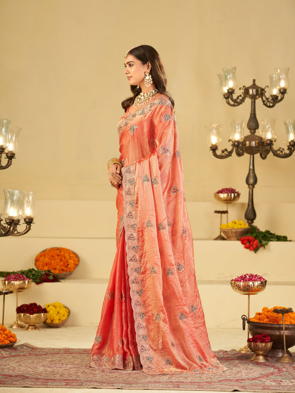 Peach Pink Designer Fendy Satin Saree with Heavy Embroidered Border | Elegant Party Wear Ethnic Saree with Intricate Embroidery & Matching Blouse