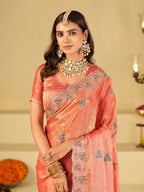 Peach Pink Designer Fendy Satin Saree with Heavy Embroidered Border | Elegant Party Wear Ethnic Saree with Intricate Embroidery & Matching Blouse