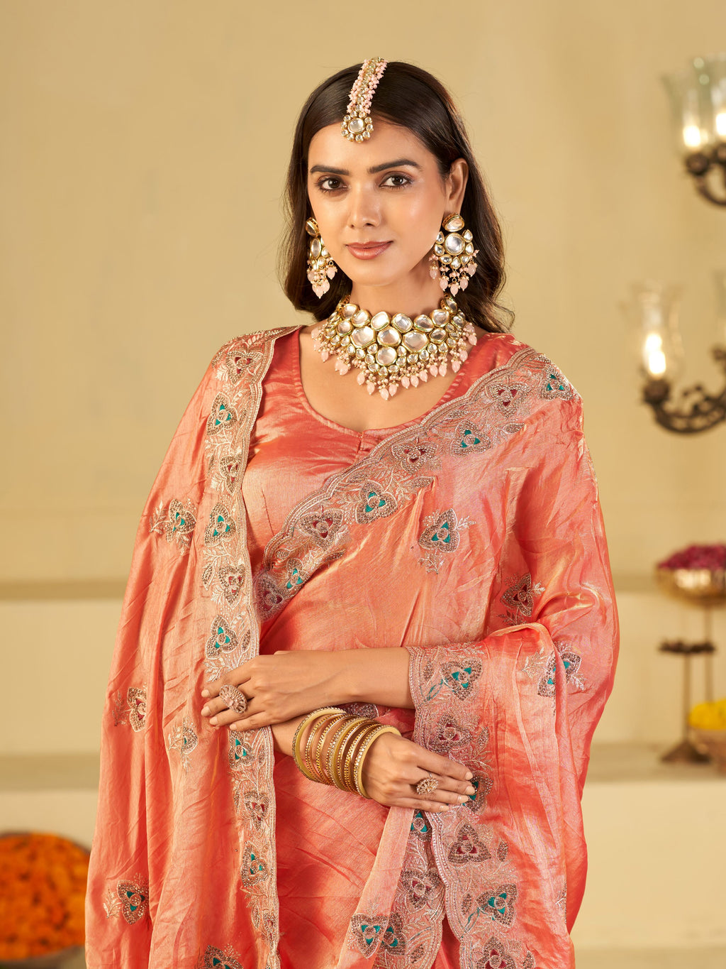 Peach Pink Designer Fendy Satin Saree with Heavy Embroidered Border | Elegant Party Wear Ethnic Saree with Intricate Embroidery & Matching Blouse
