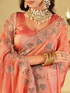 Peach Pink Designer Fendy Satin Saree with Heavy Embroidered Border | Elegant Party Wear Ethnic Saree with Intricate Embroidery & Matching Blouse