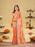 Peach Designer Fendy Satin Saree with Heavy Embroidered Border | Elegant Festive Party Wear Saree with Intricate Embroidery & Matching Blouse