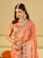 Peach Designer Fendy Satin Saree with Heavy Embroidered Border | Elegant Festive Party Wear Saree with Intricate Embroidery & Matching Blouse
