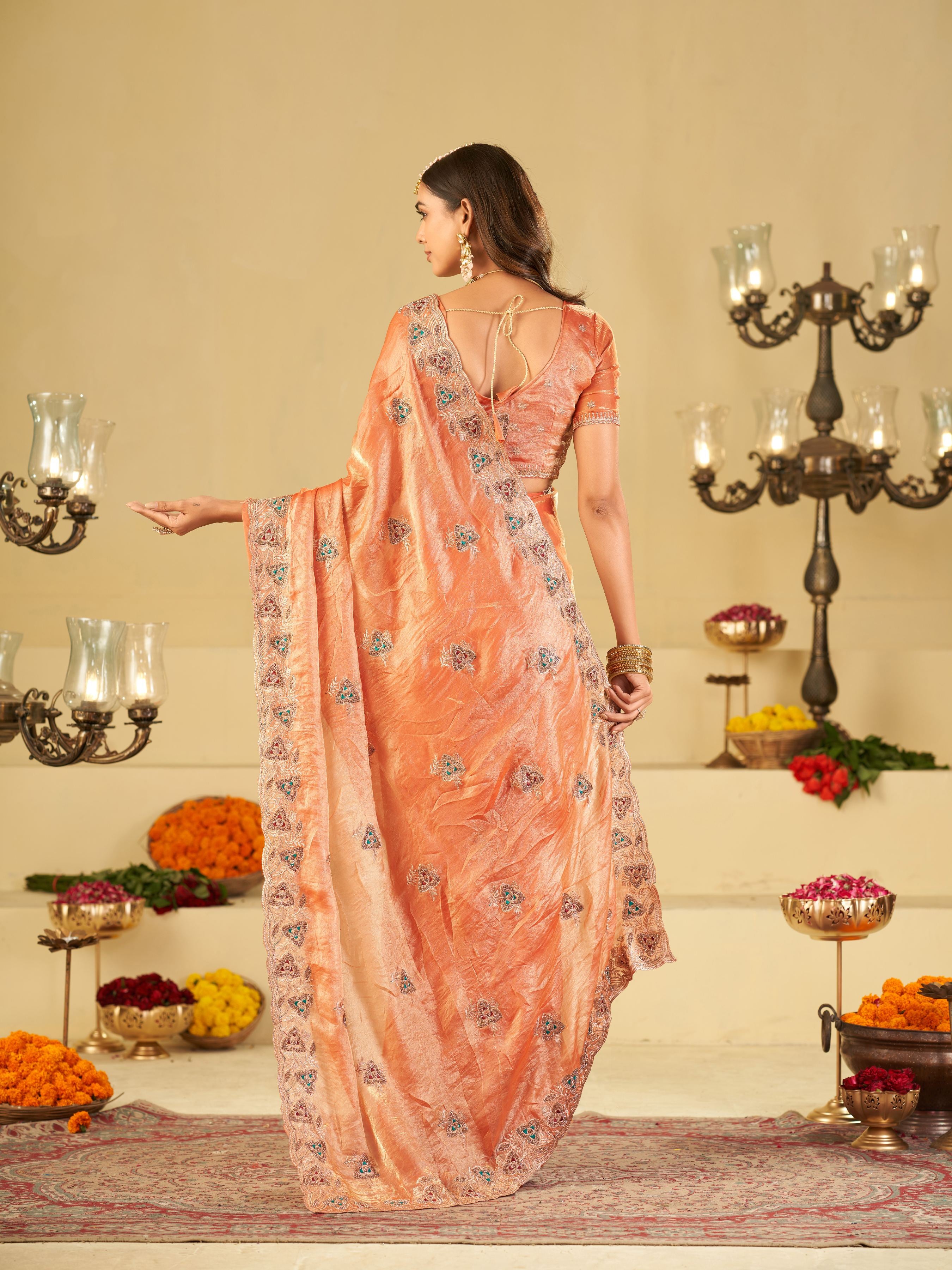 Peach Designer Fendy Satin Saree with Heavy Embroidered Border | Elegant Festive Party Wear Saree with Intricate Embroidery & Matching Blouse