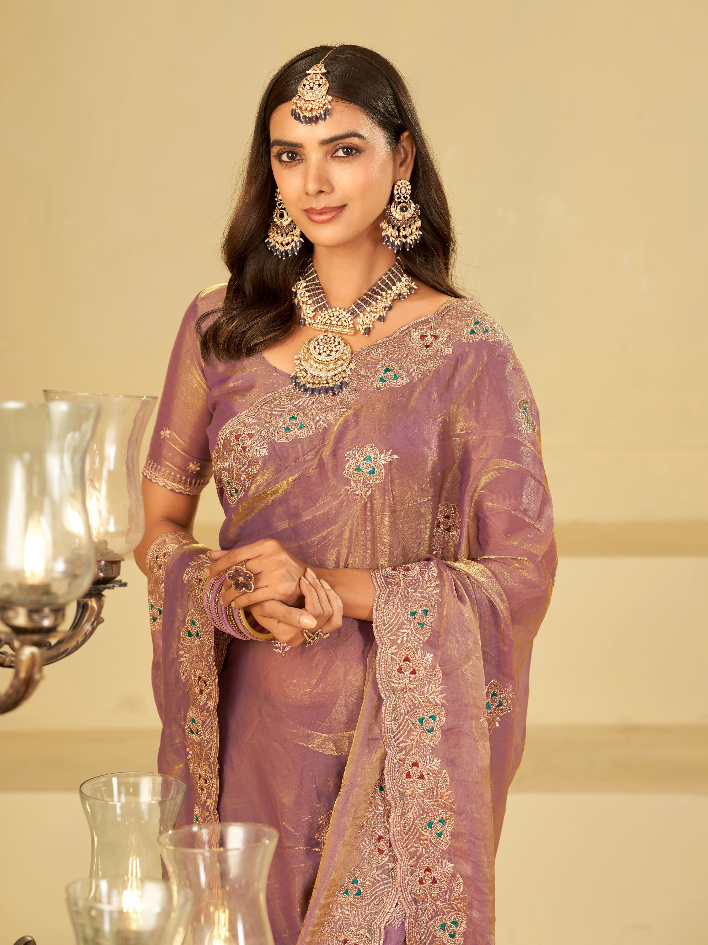Lavender Designer Fendy Satin Saree with Heavy Embroidered Border | Elegant Party Wear Festive Saree with Intricate Embroidery & Matching Blouse