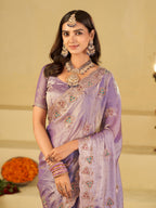 Pastel Lavender Designer Fendy Satin Saree with Heavy Embroidered Border | Elegant Party Wear Festive Saree with Intricate Embroidery & Matching Blouse