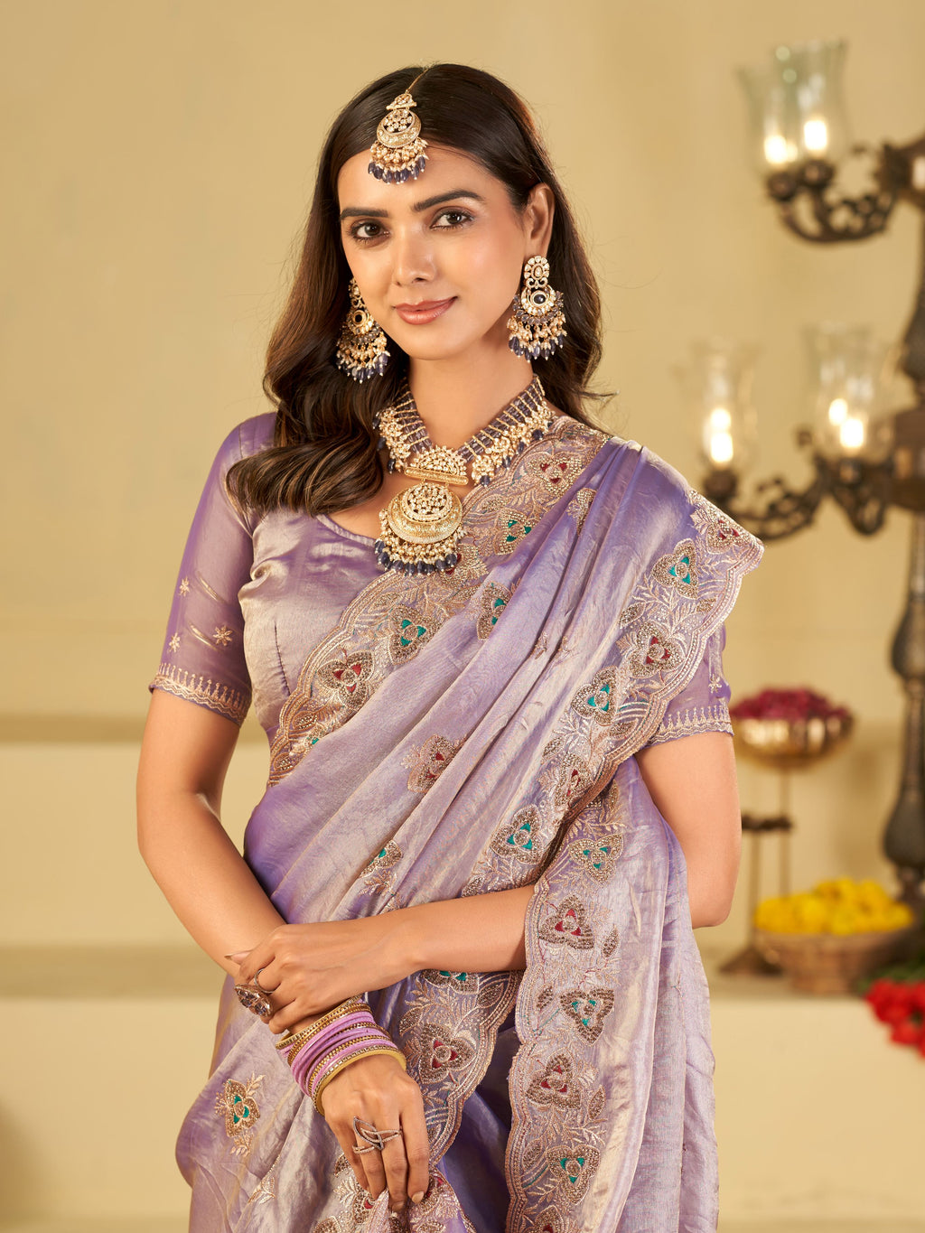 Pastel Lavender Designer Fendy Satin Saree with Heavy Embroidered Border | Elegant Party Wear Festive Saree with Intricate Embroidery & Matching Blouse