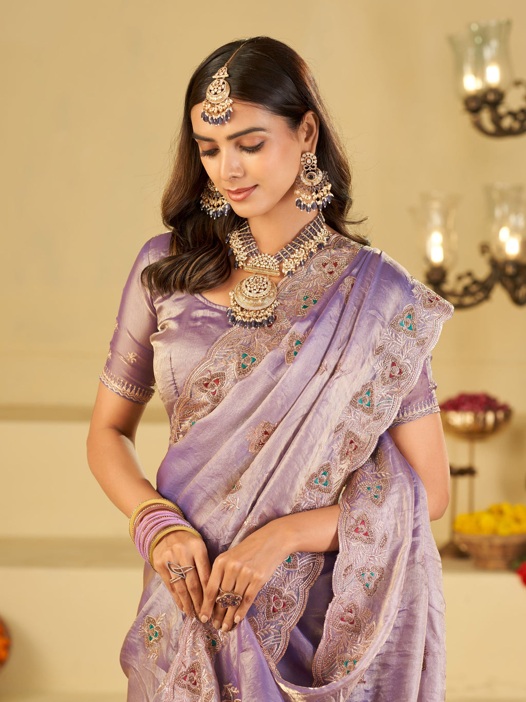 Pastel Lavender Designer Fendy Satin Saree with Heavy Embroidered Border | Elegant Party Wear Festive Saree with Intricate Embroidery & Matching Blouse