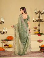 Sage Green Fendy Satin Saree with Floral Embroidery Border | Designer Party Wear Embroidered Saree with Blouse