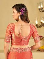 Peach Pink Fendy Satin Saree with Floral Embroidery Border | Designer Embroidered Party Wear Saree with Blouse