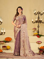 Lavender Purple Fendy Satin Saree with Floral Embroidery Border | Designer Party Wear Embroidered Saree with Blouse