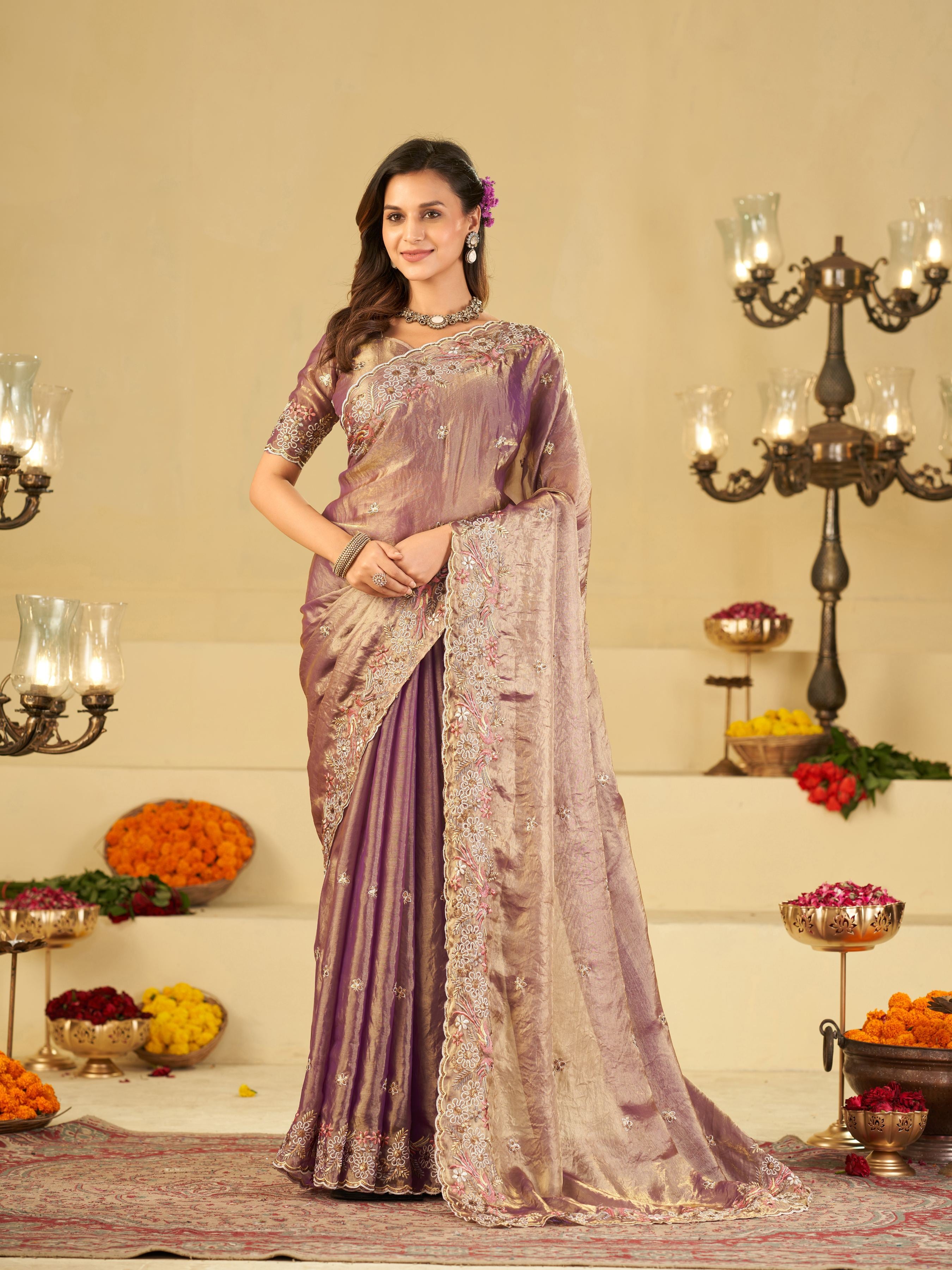 Lavender Purple Fendy Satin Saree with Floral Embroidery Border | Designer Party Wear Embroidered Saree with Blouse
