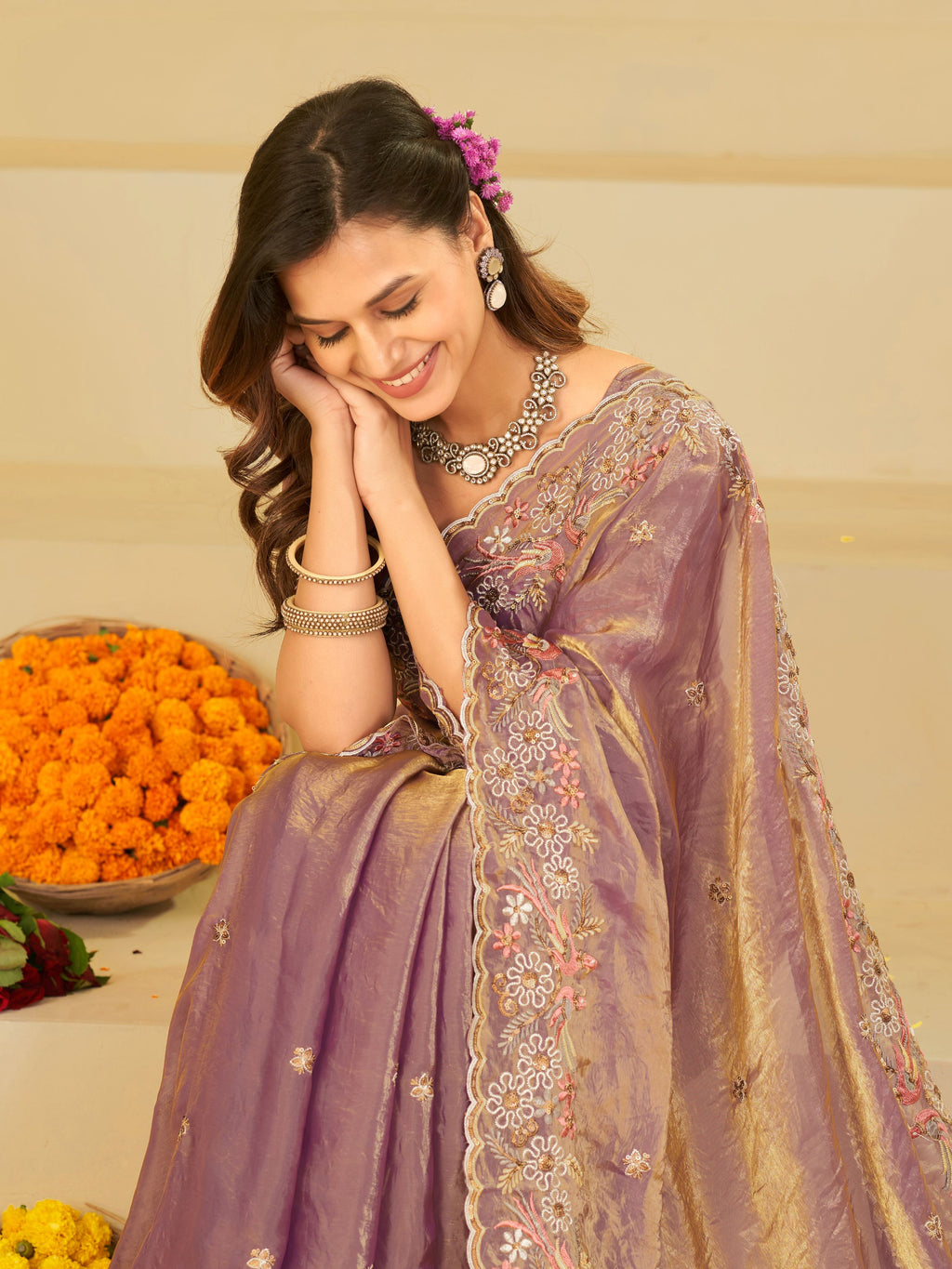 Lavender Purple Fendy Satin Saree with Floral Embroidery Border | Designer Party Wear Embroidered Saree with Blouse