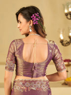 Lavender Purple Fendy Satin Saree with Floral Embroidery Border | Designer Party Wear Embroidered Saree with Blouse