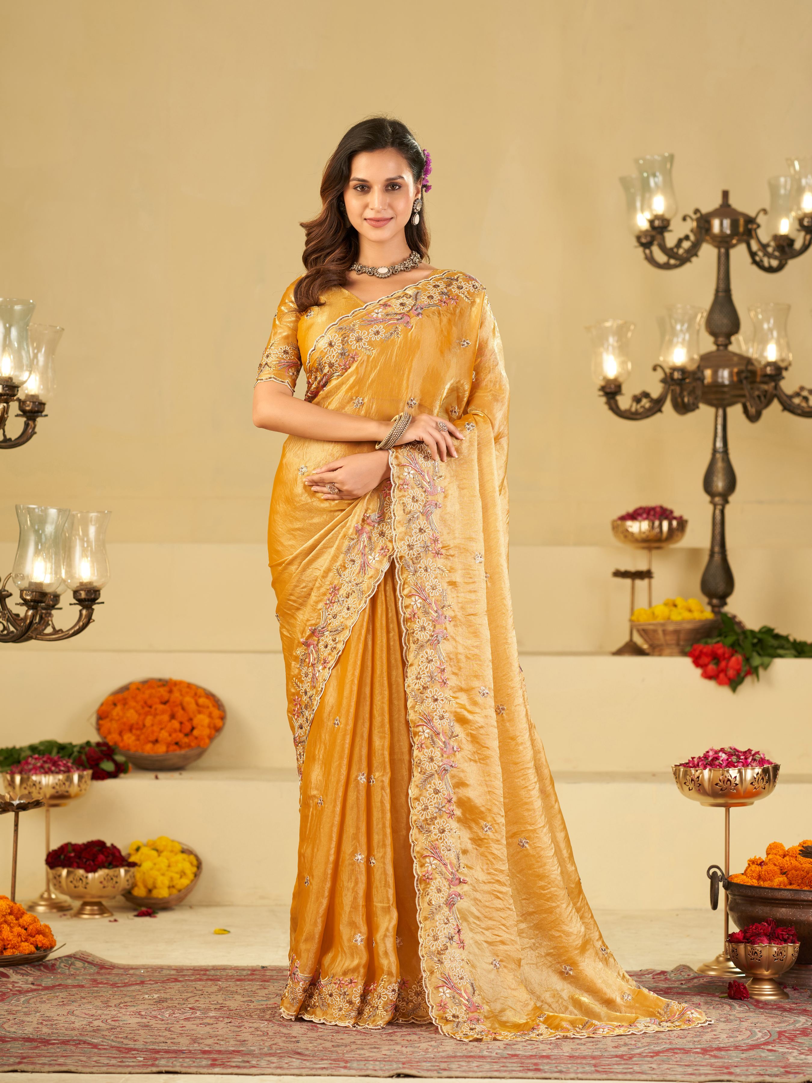 Mustard Yellow Fendy Satin Saree with Floral Embroidery Border | Designer Embroidered Party Wear Saree with Blouse
