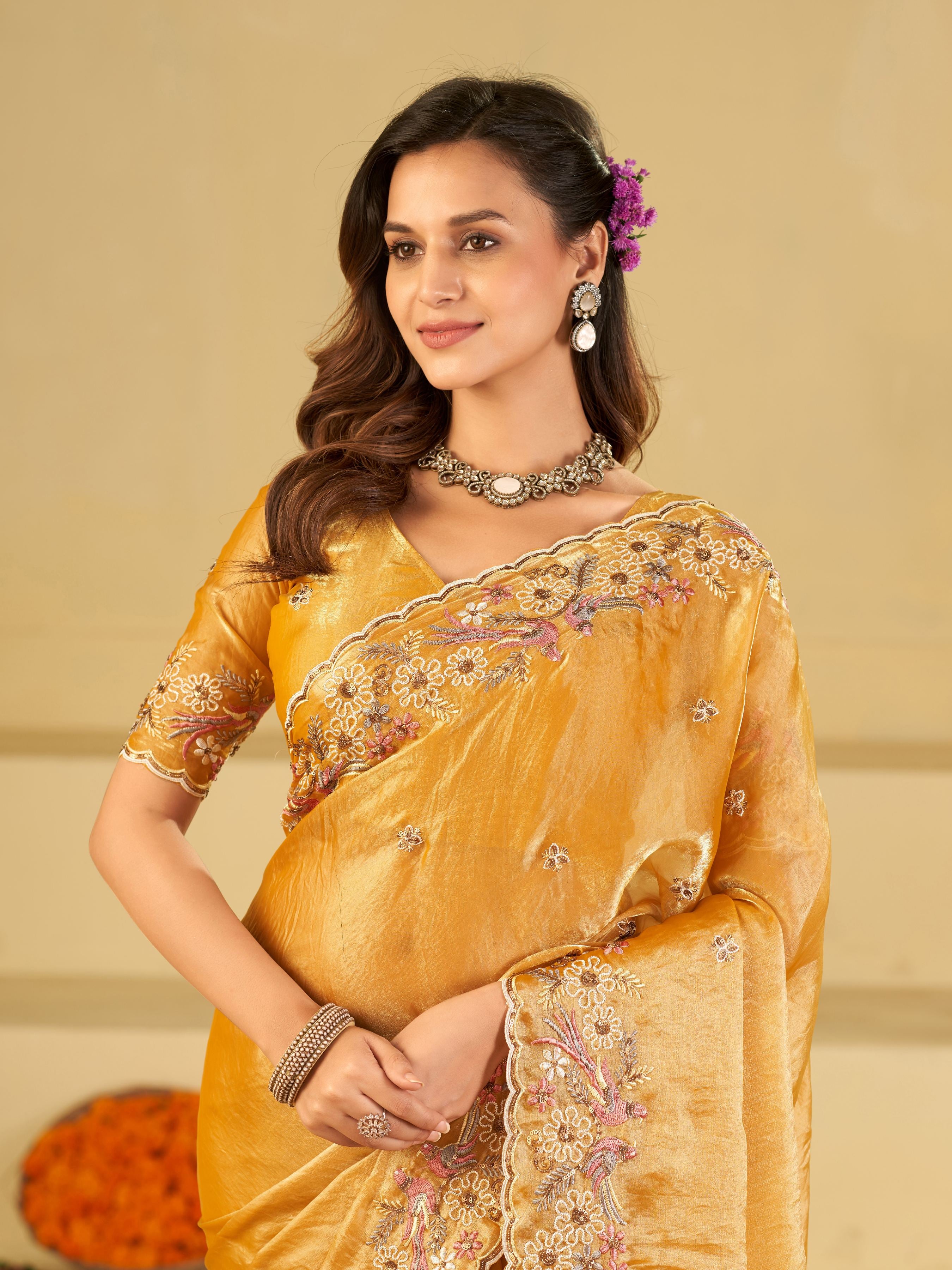 Mustard Yellow Fendy Satin Saree with Floral Embroidery Border | Designer Embroidered Party Wear Saree with Blouse