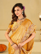 Mustard Yellow Fendy Satin Saree with Floral Embroidery Border | Designer Embroidered Party Wear Saree with Blouse