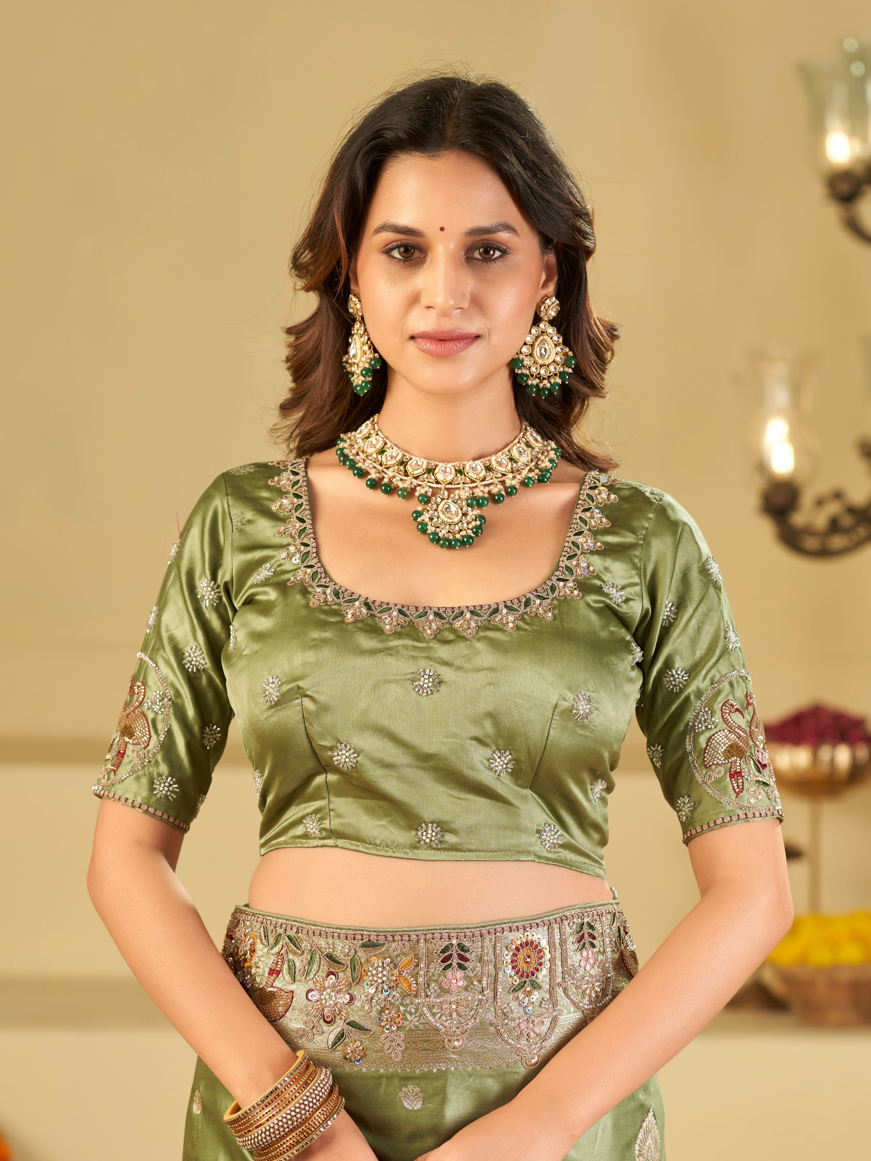 Pista Green Banarasi Silk Saree with Floral Embroidered Border & Rich Zari Weaving | Designer Festive Wedding Saree