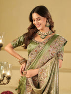 Pista Green Banarasi Silk Saree with Floral Embroidered Border & Rich Zari Weaving | Designer Festive Wedding Saree