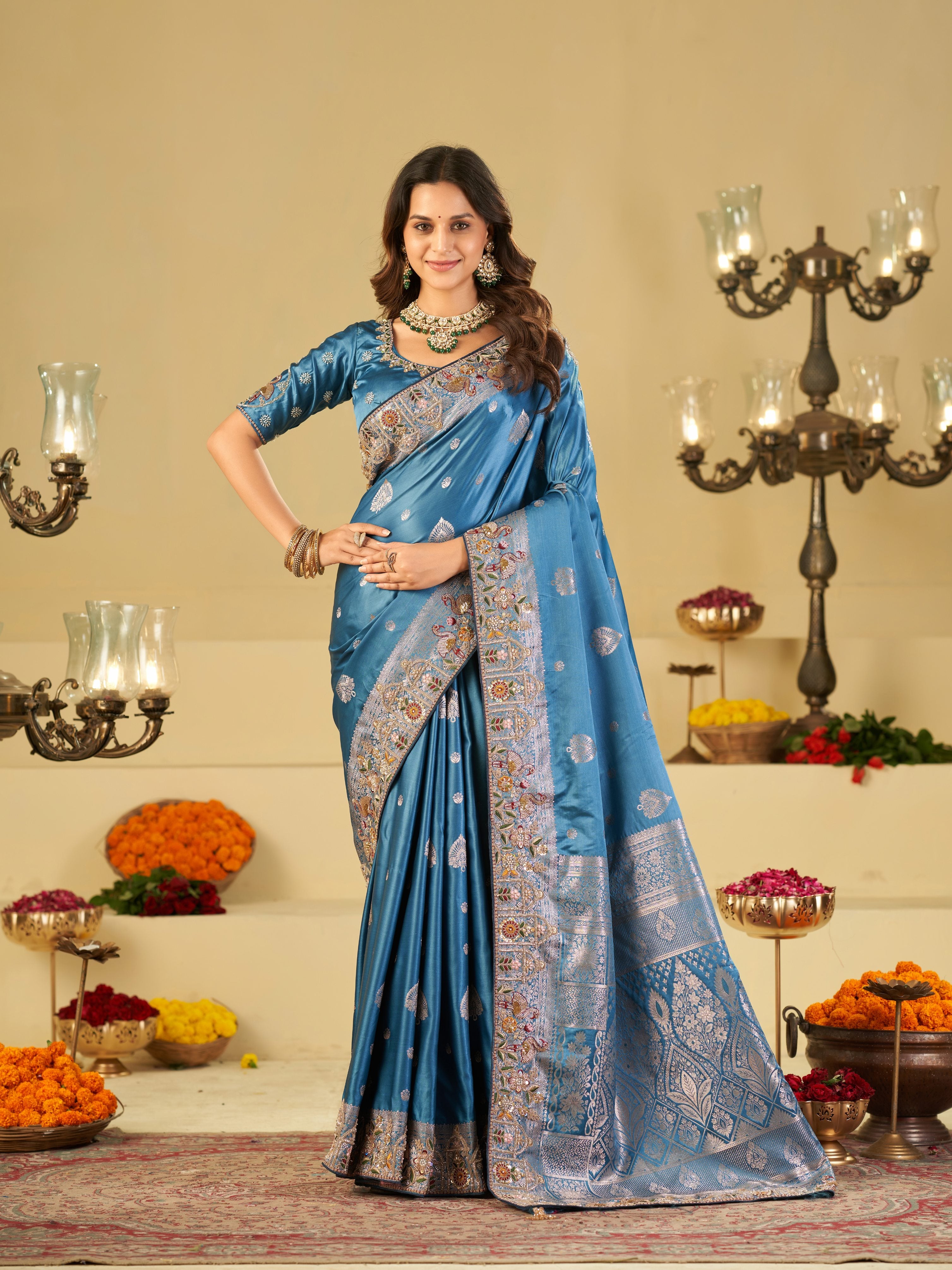 Royal Sky Blue Banarasi Silk Saree with Floral Embroidered Border & Rich Zari Woven Pallu | Designer Wedding Festive Saree