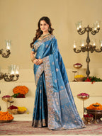 Royal Sky Blue Banarasi Silk Saree with Floral Embroidered Border & Rich Zari Woven Pallu | Designer Wedding Festive Saree