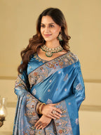 Royal Sky Blue Banarasi Silk Saree with Floral Embroidered Border & Rich Zari Woven Pallu | Designer Wedding Festive Saree