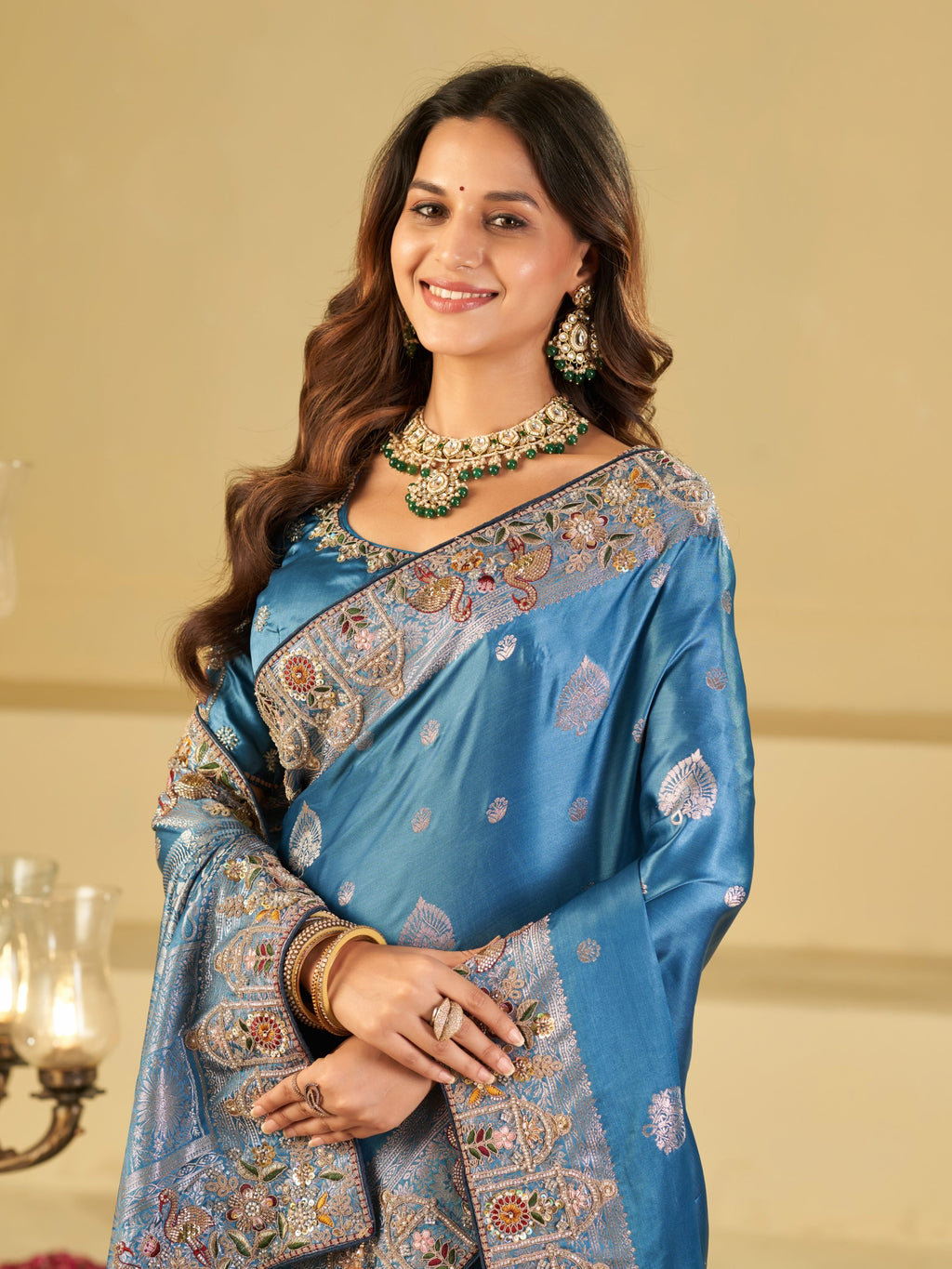 Royal Sky Blue Banarasi Silk Saree with Floral Embroidered Border & Rich Zari Woven Pallu | Designer Wedding Festive Saree