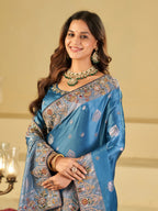 Royal Sky Blue Banarasi Silk Saree with Floral Embroidered Border & Rich Zari Woven Pallu | Designer Wedding Festive Saree