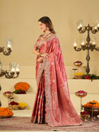 Rose Pink Banarasi Silk Saree with Floral Embroidered Border & Rich Zari Weaving | Designer Wedding Festive Saree