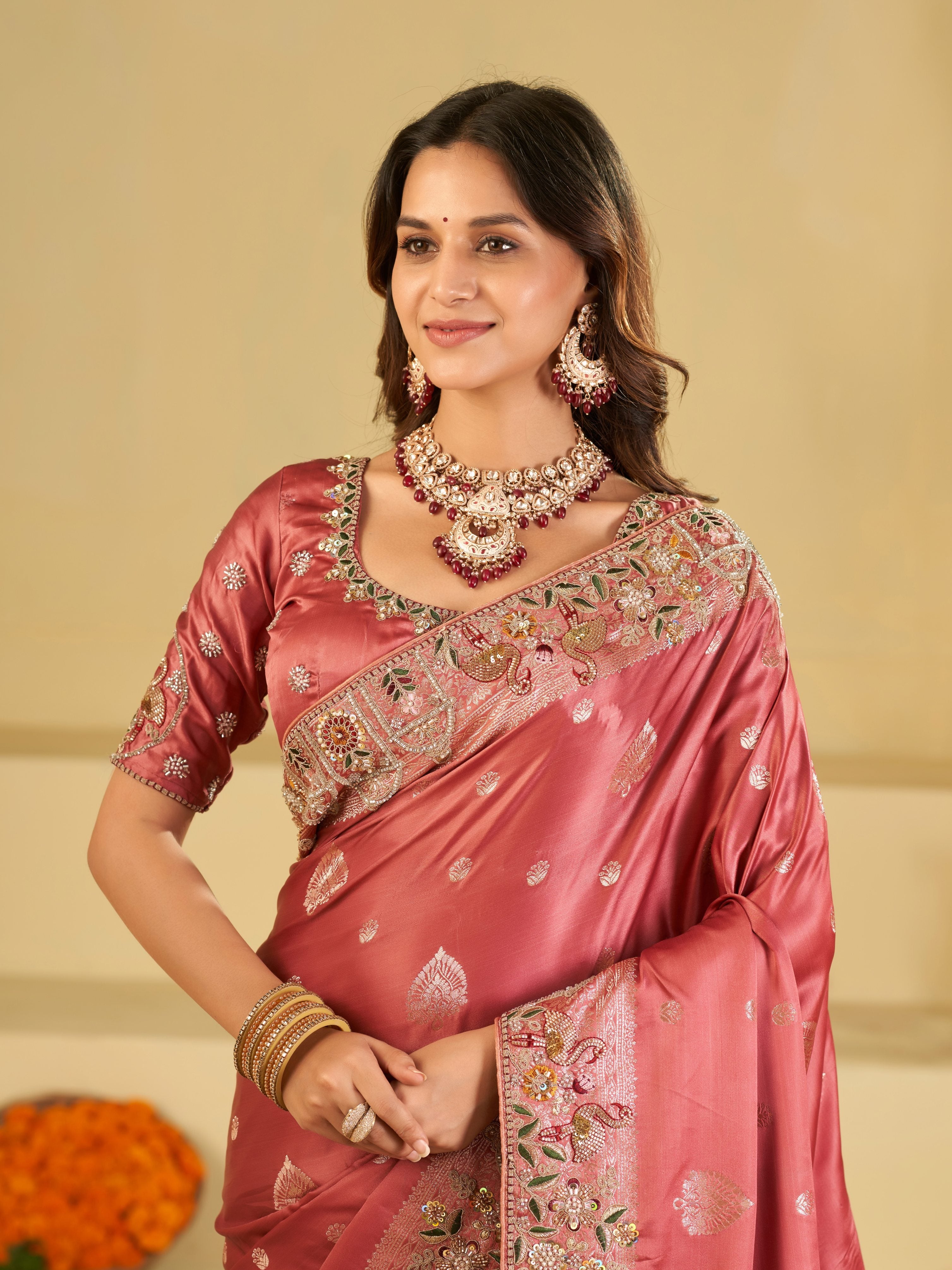Rose Pink Banarasi Silk Saree with Floral Embroidered Border & Rich Zari Weaving | Designer Wedding Festive Saree